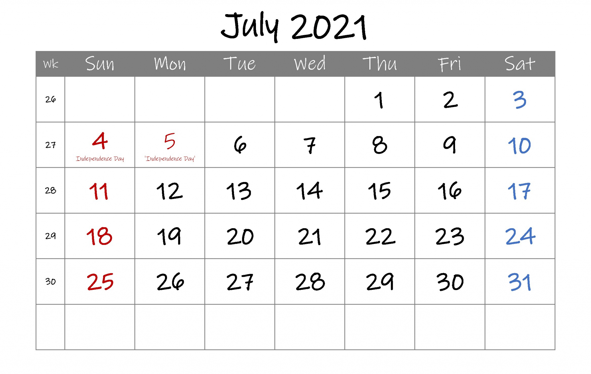 Editable July 2021 Calendar Word
