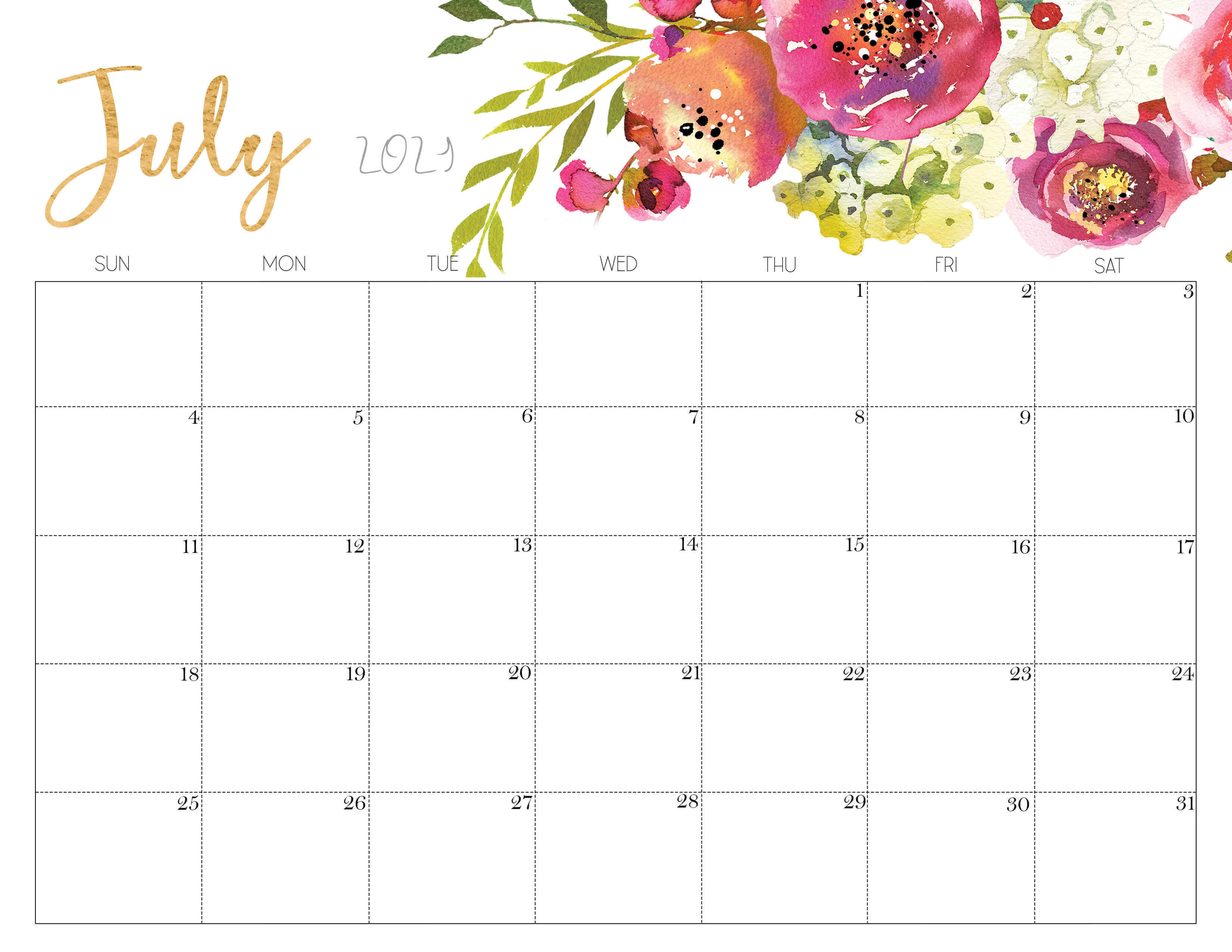 Floral July 2021 Calendar Printable