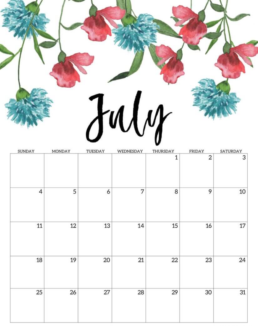 Free Printable July 2021 Floral Calendar