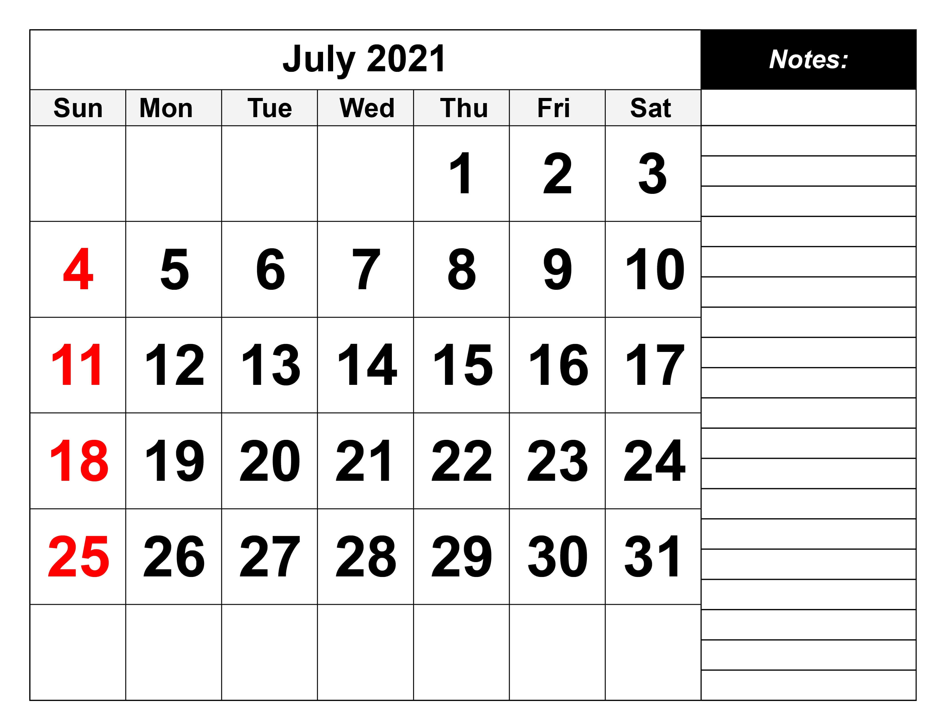 Free Printable July Calendar 2021