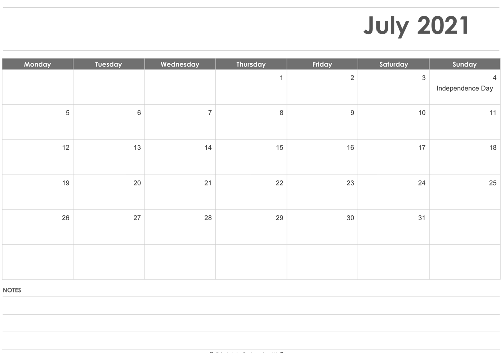 July 2021 Calendar Editable