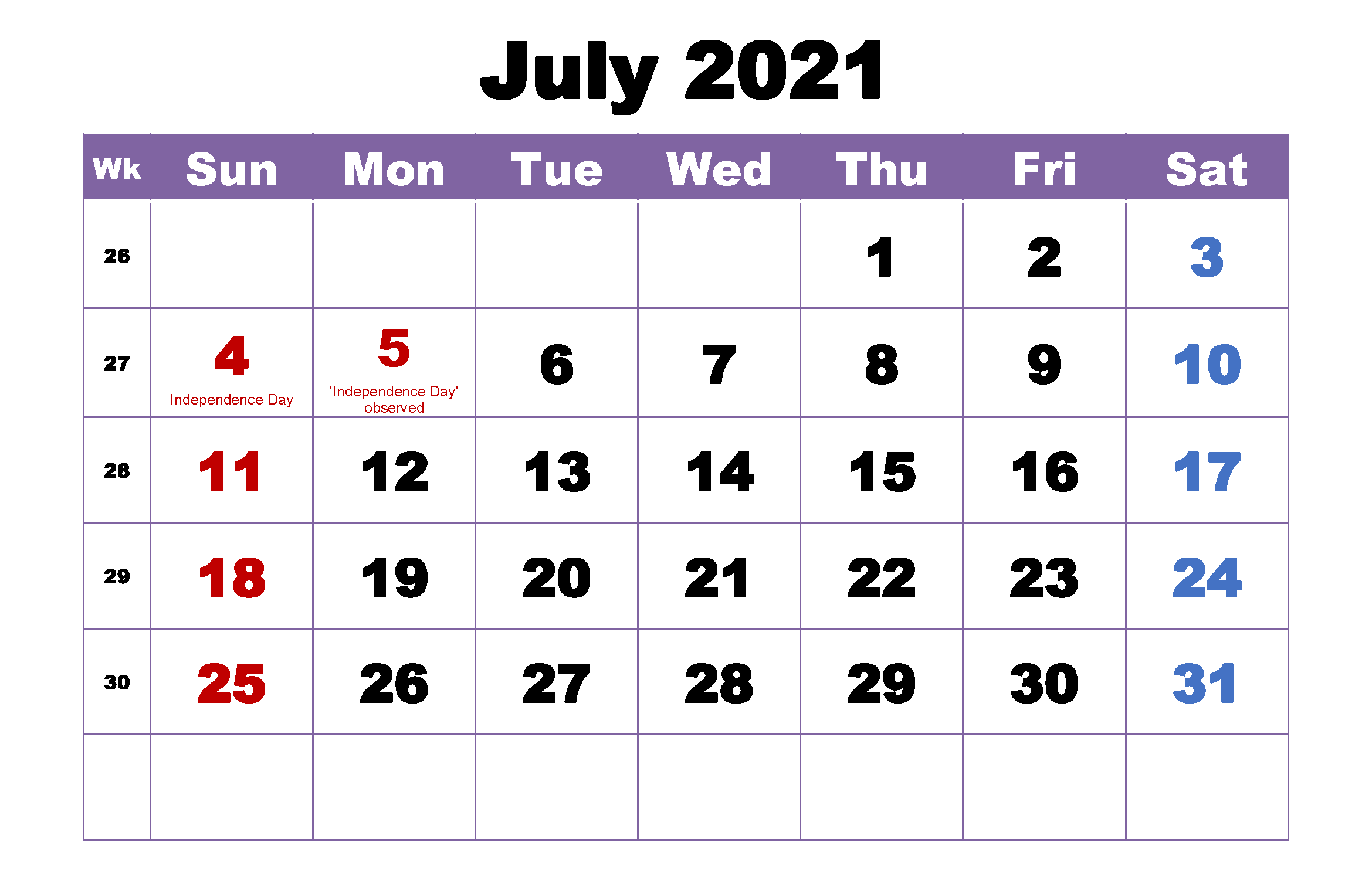 Monthly 2021 July Calendar PDF