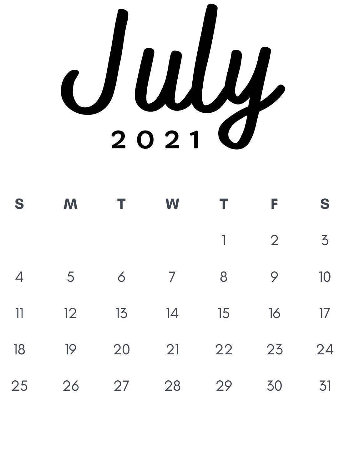 Print July 2021 Calendar Portrait