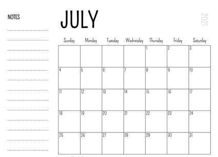Printable July 2021 Calendar with Notes