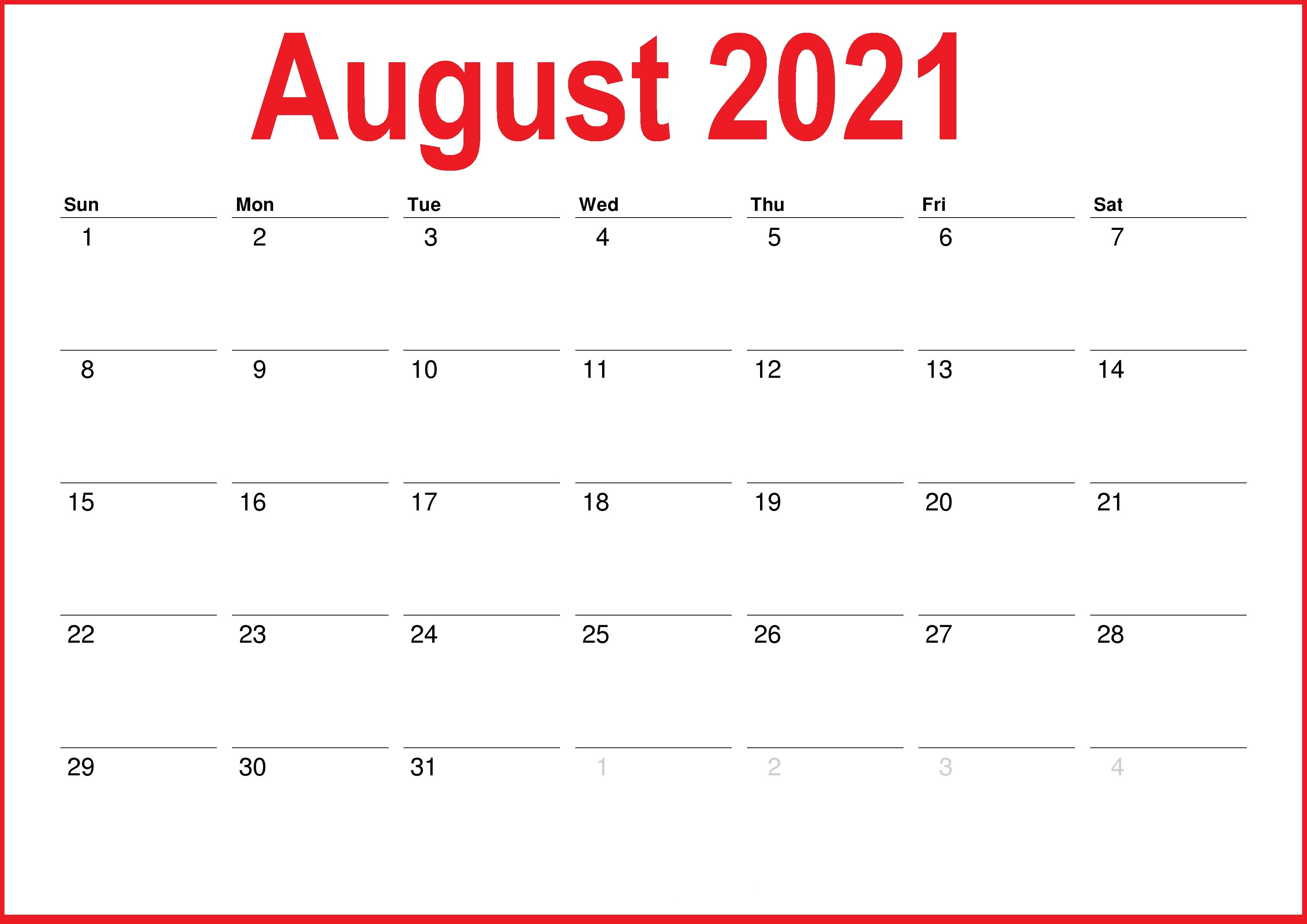 2021 august blank calendar template