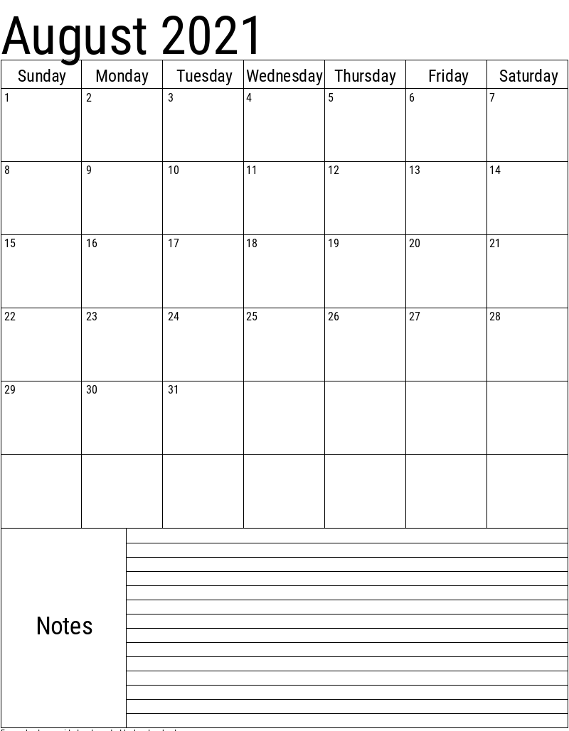 2021 august blank calendar with notes