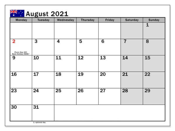 August 2021 Australia Holidays Calendar