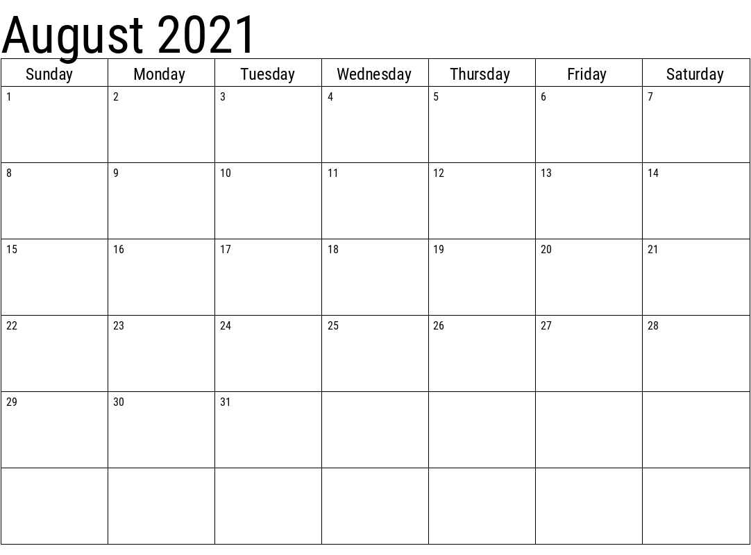 August 2021 Calendar Blank