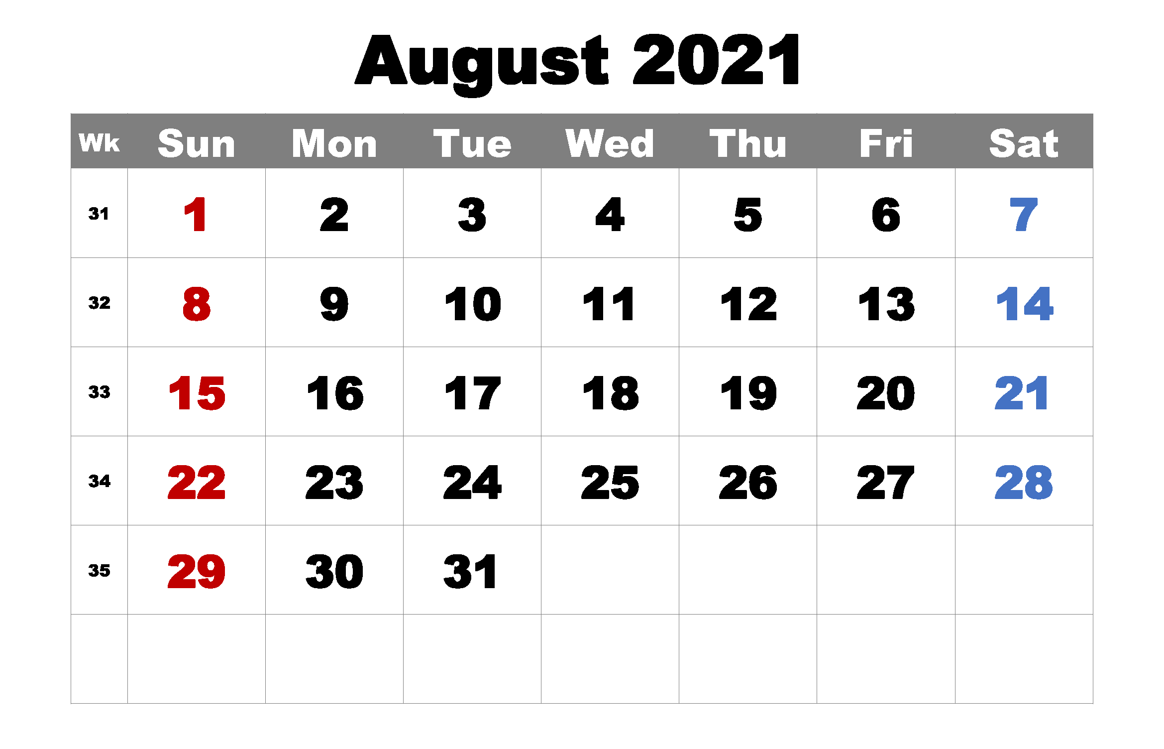 August 2021 Calendar Template