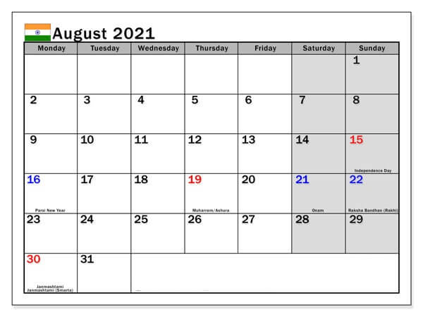 August 2021 India Holidays Calendar