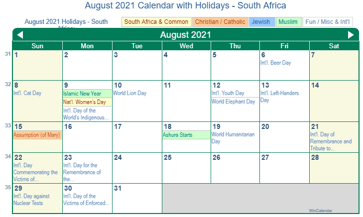August 2021 South Africa holidays calendar