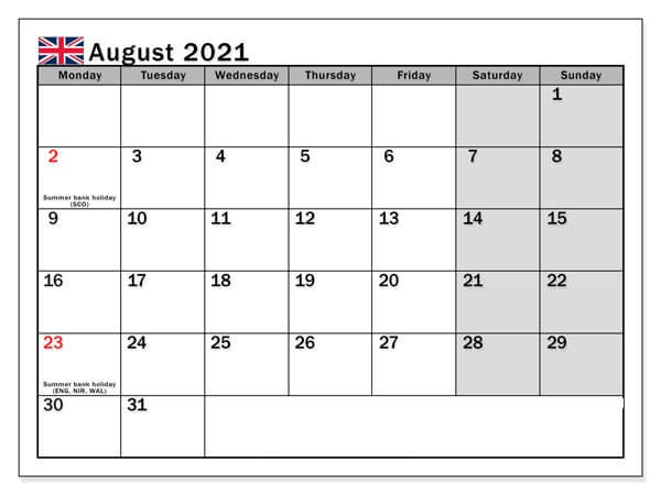 August 2021 UK Holidays Calendar