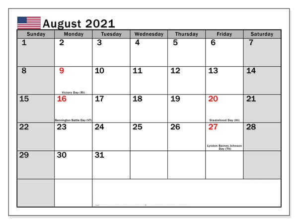 August 2021 USA Holidays Calendar