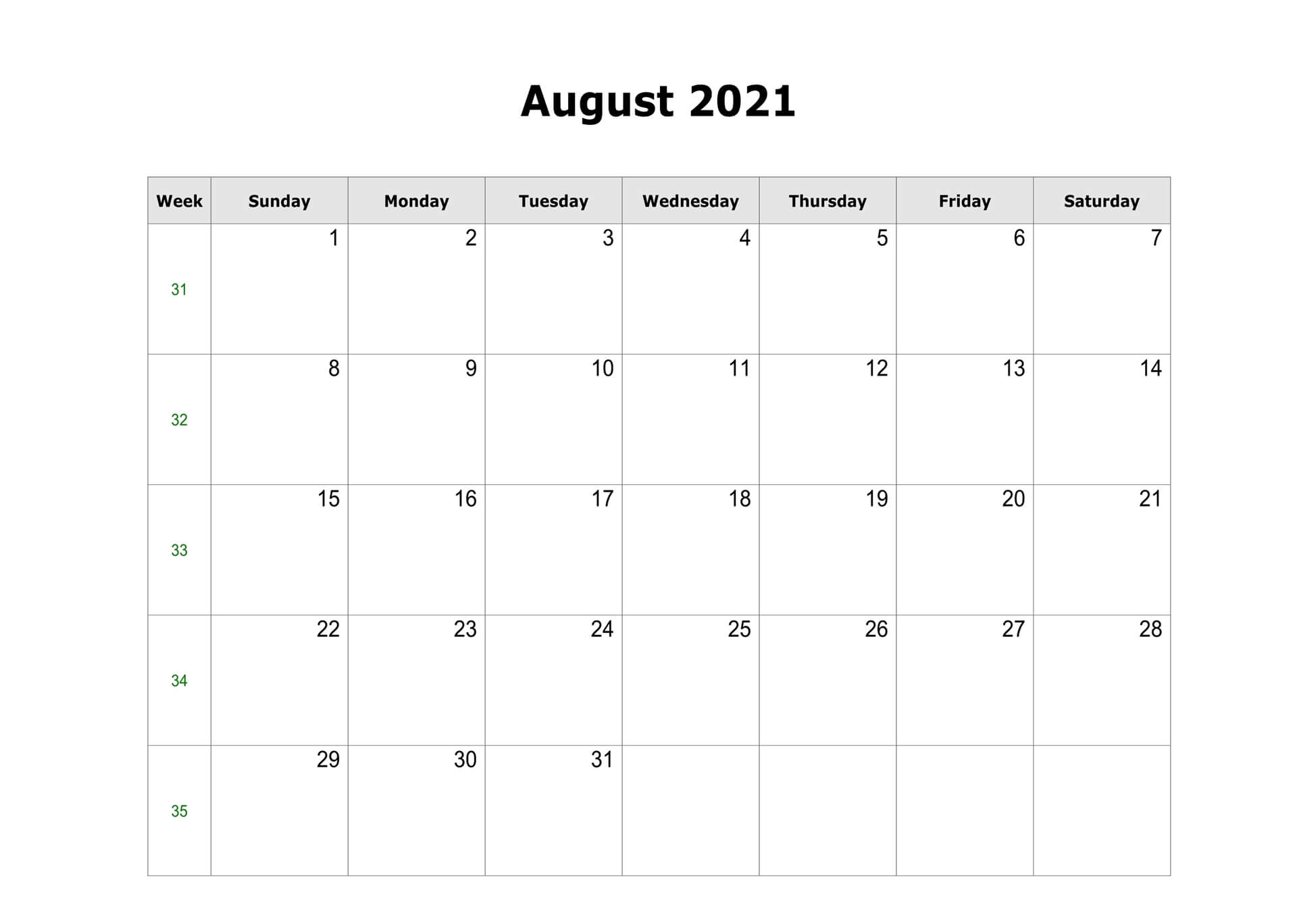 Free Printable August 2021 Blank Calendar