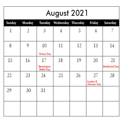 Holidays Calendar August 2021