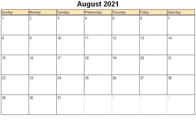 blank calendar for august 2021