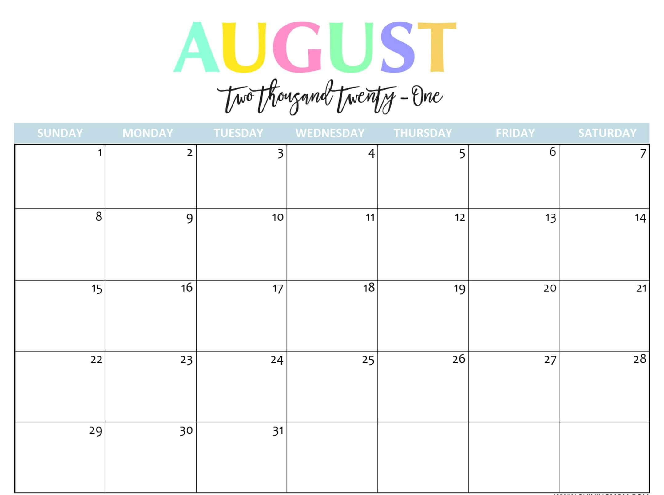 cute calendar august 2021 printable