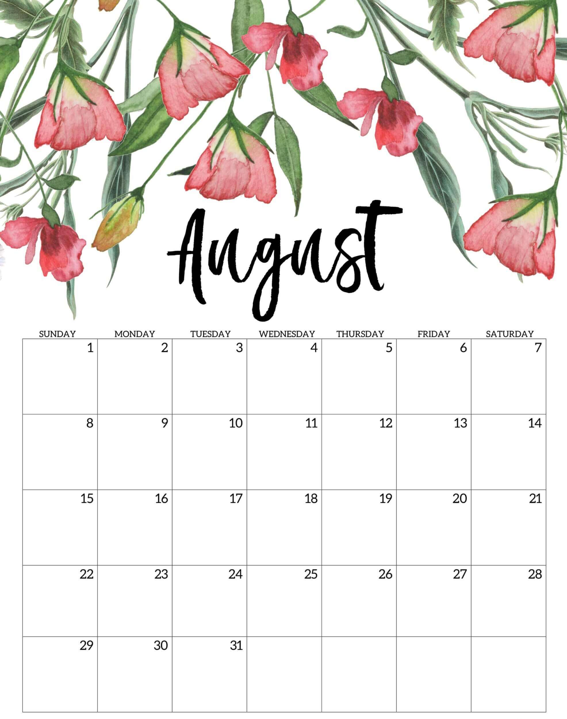 floral august 2021 calendar printable