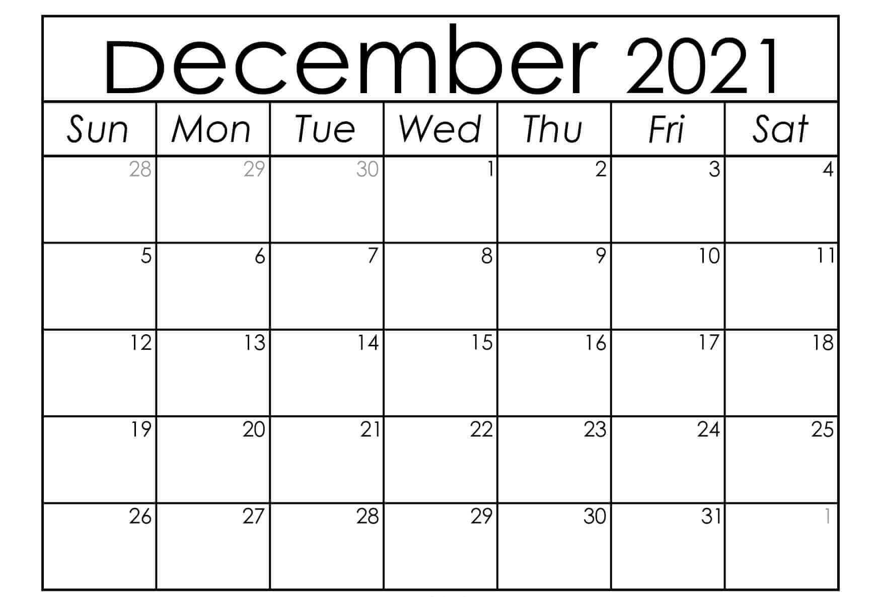 2021 December Calendar Blank