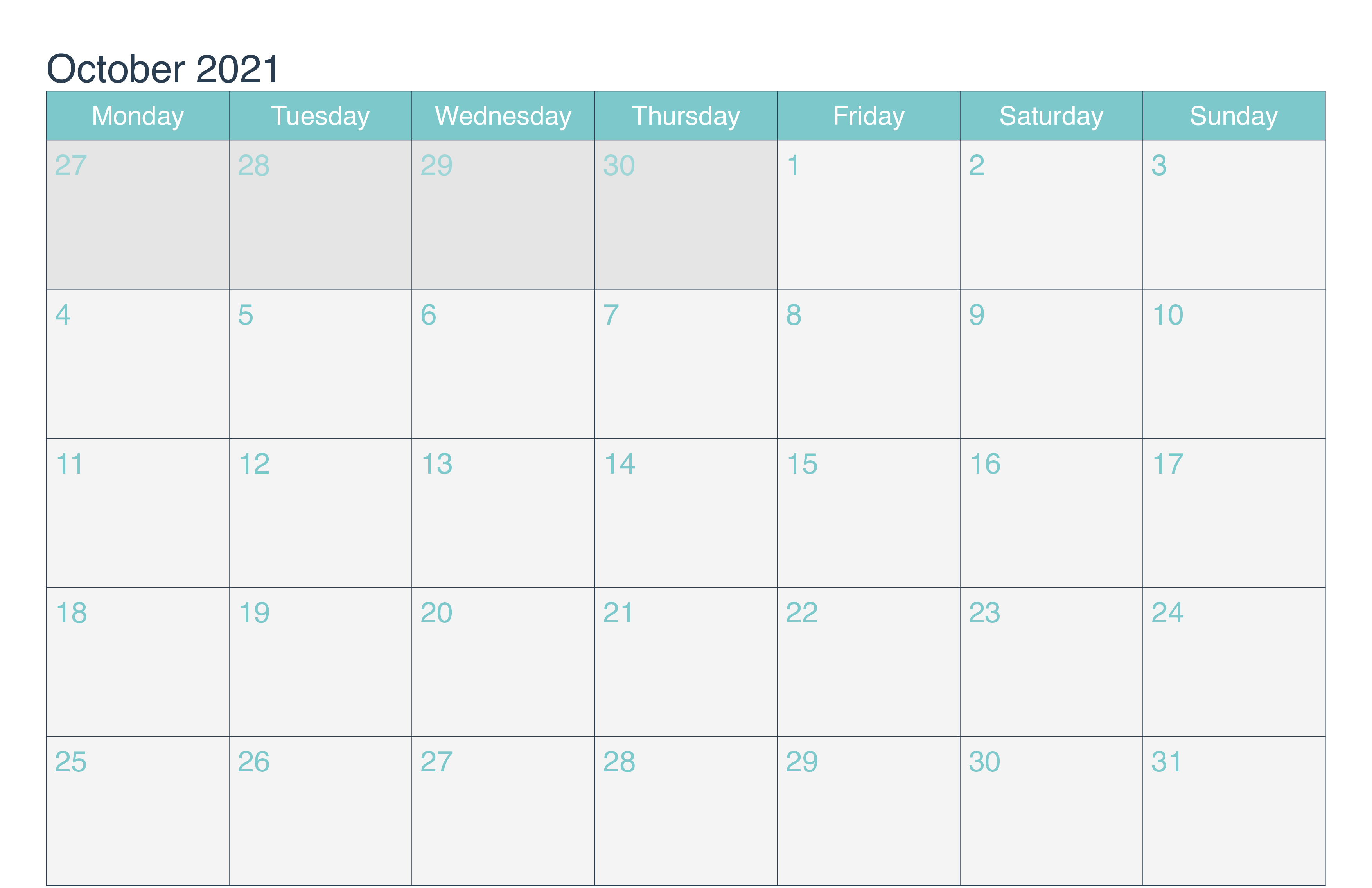Blank Calendar Template October 2021