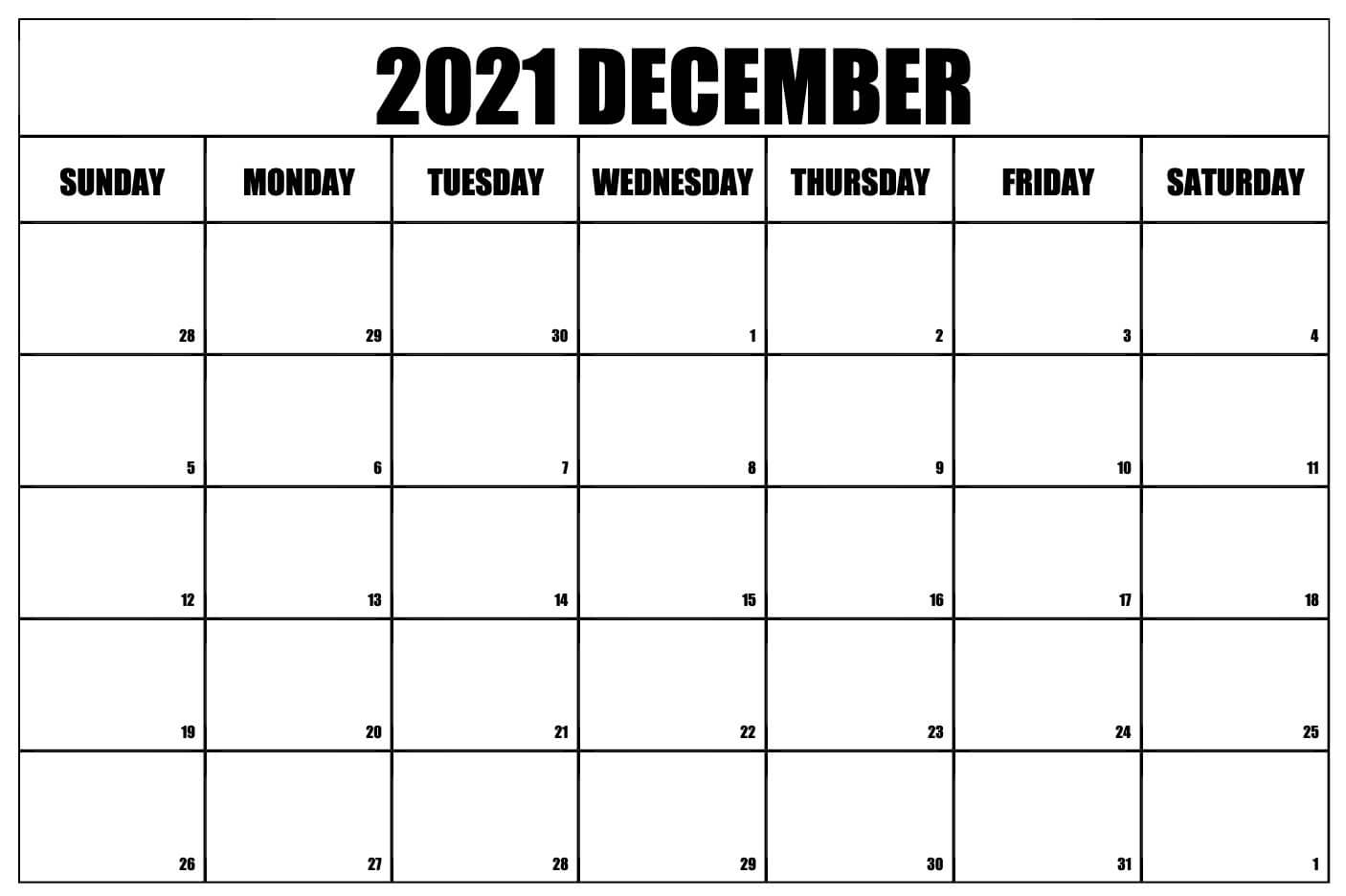 Blank Monthly Calendar December 2021