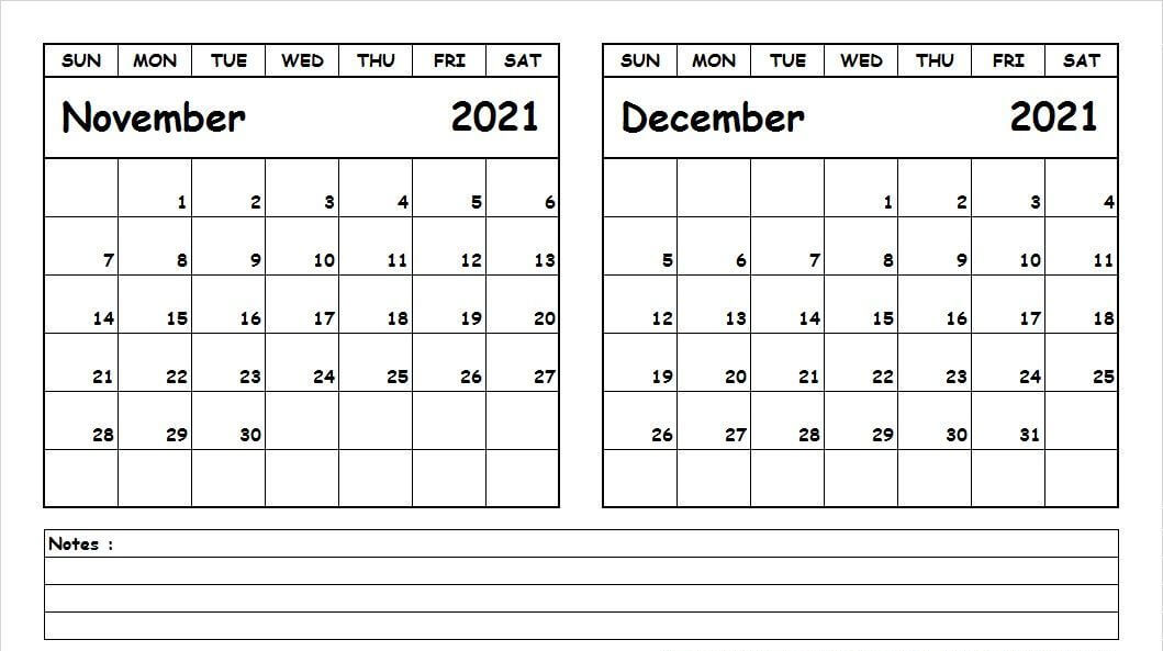 Blank Nov to Dec 2021 Calendar