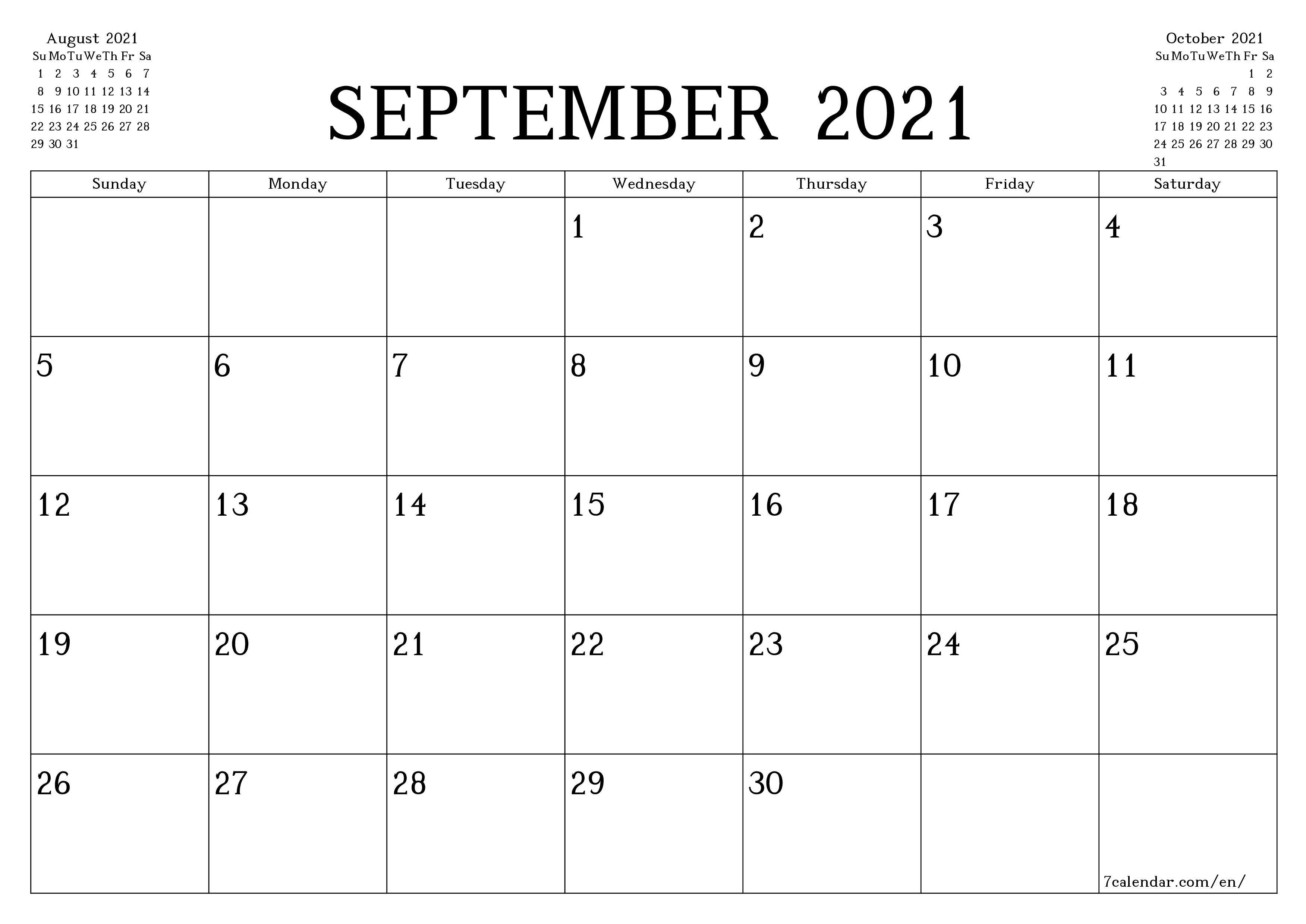 Calendar for September 2021 Word