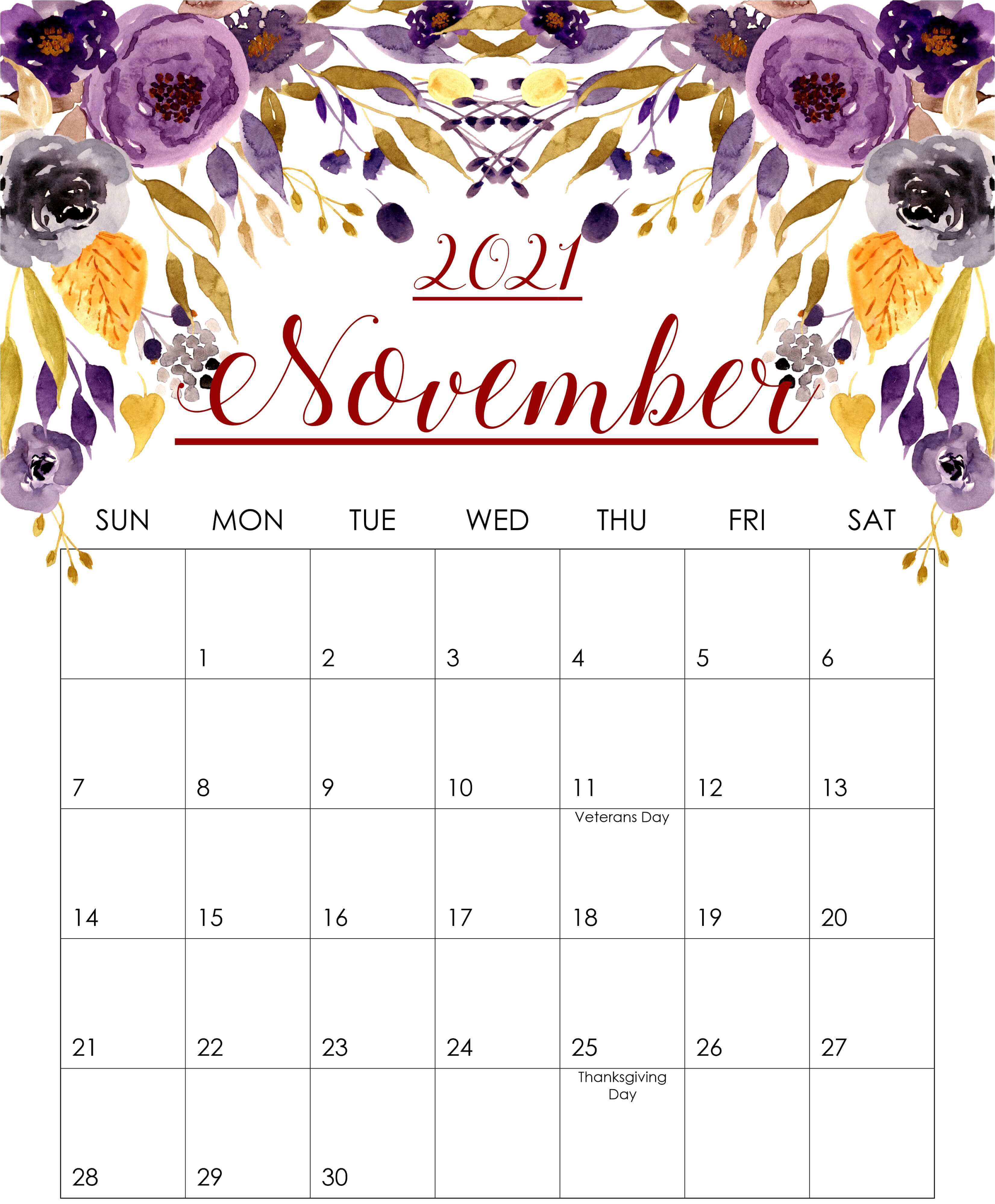 Decorative November 2021 Calendar Floral