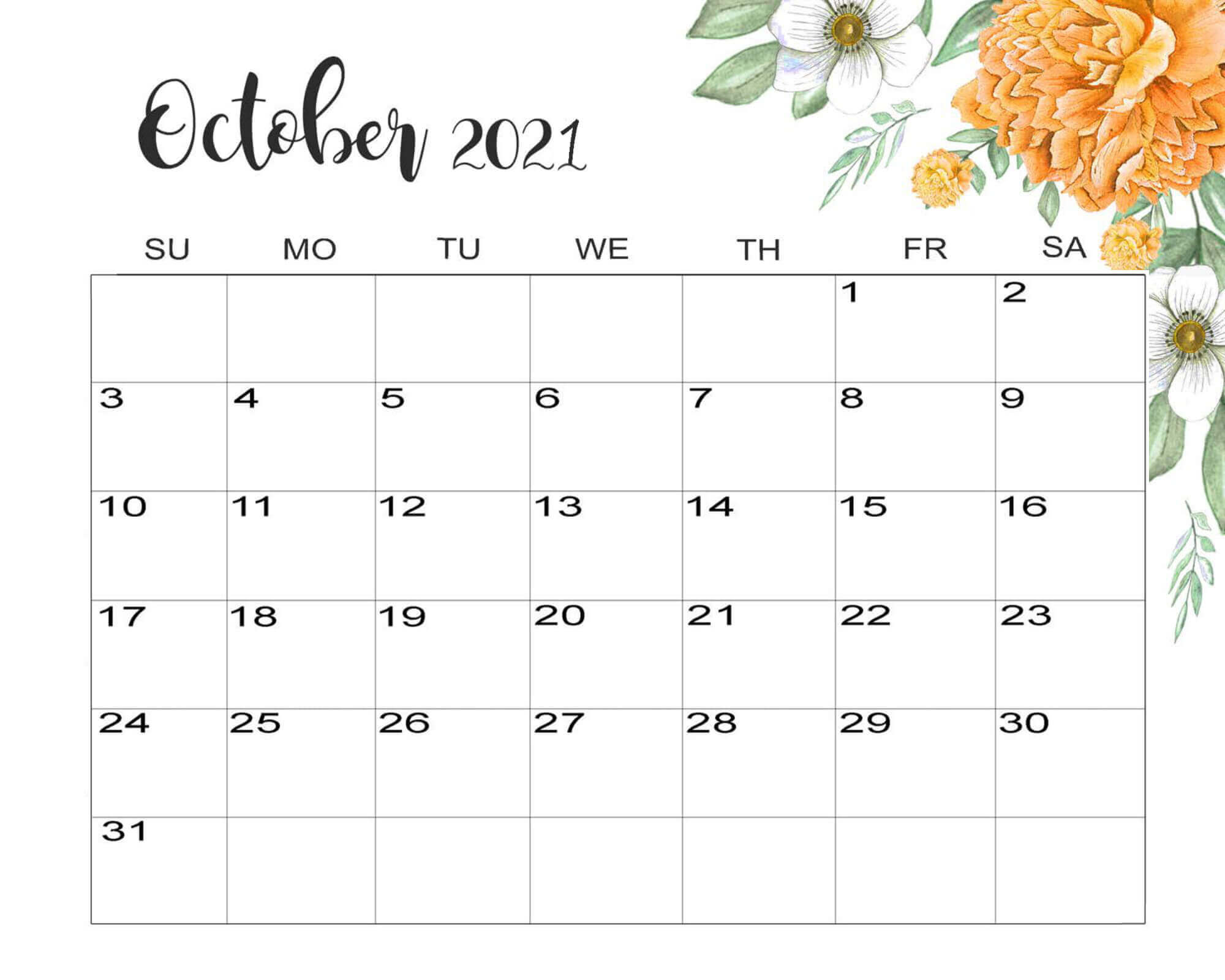 Floral Oct 2021 Calendar Cute