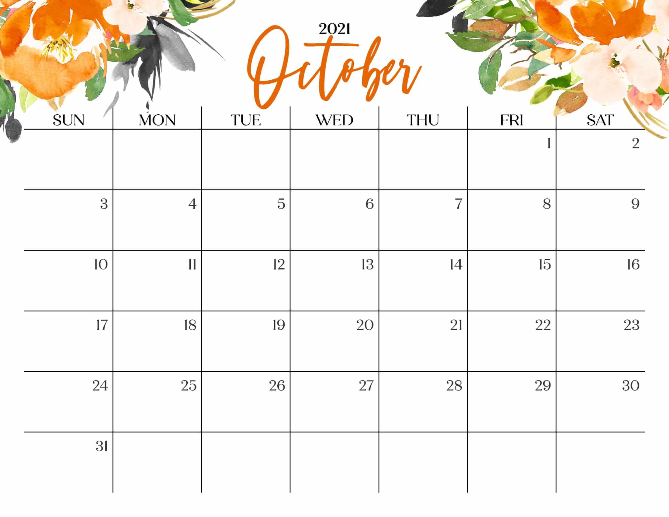Floral October 2021 Calendar Decorative