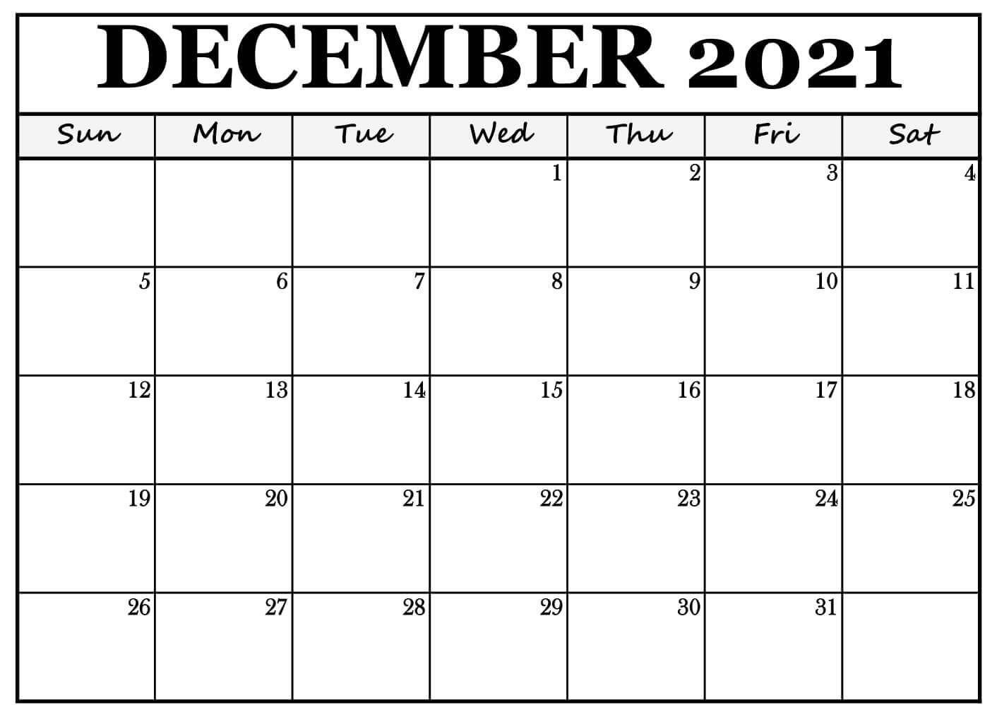 Free Printable Blank Calendar December 2021