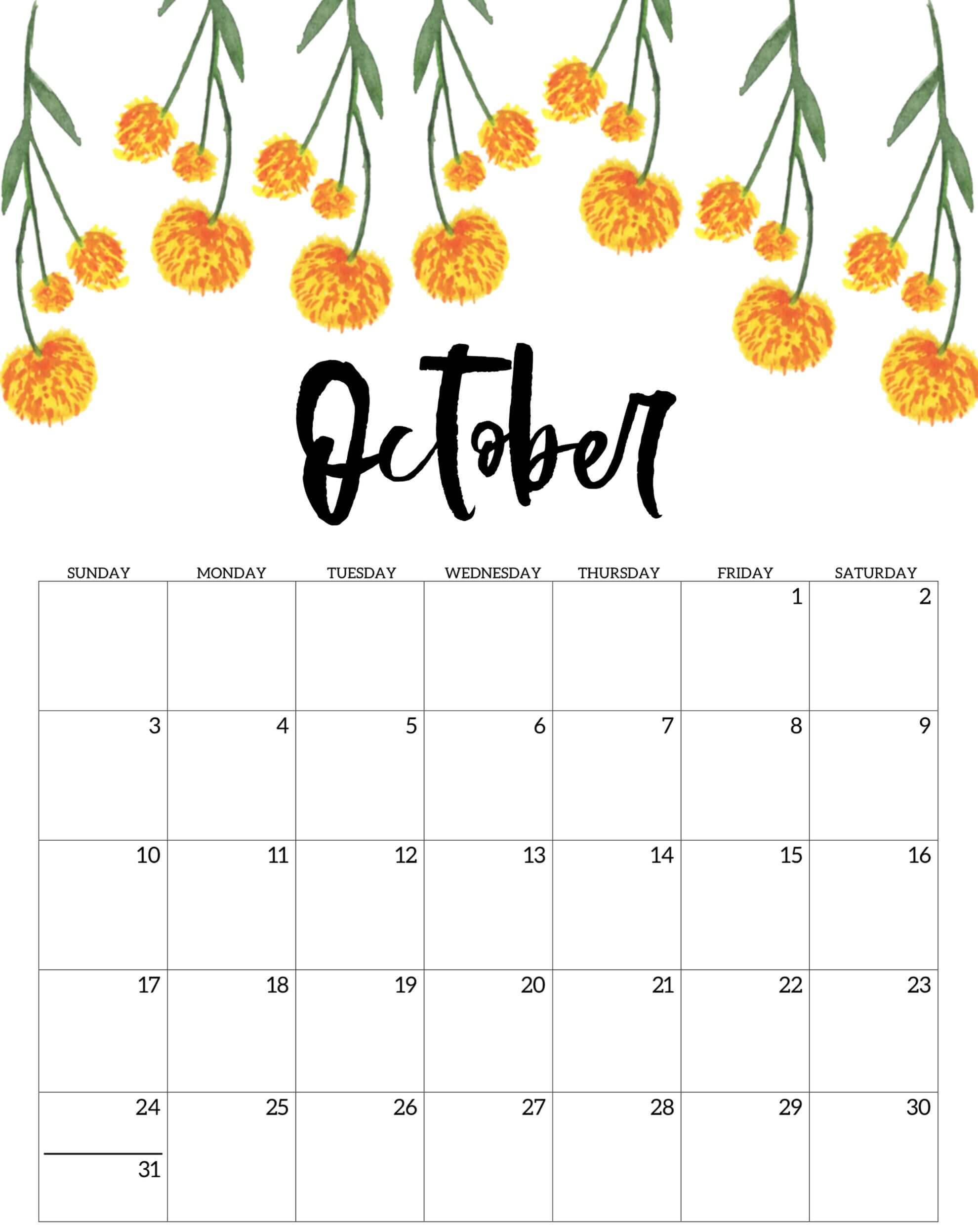 Free Printable October 2021 Calendar Floral