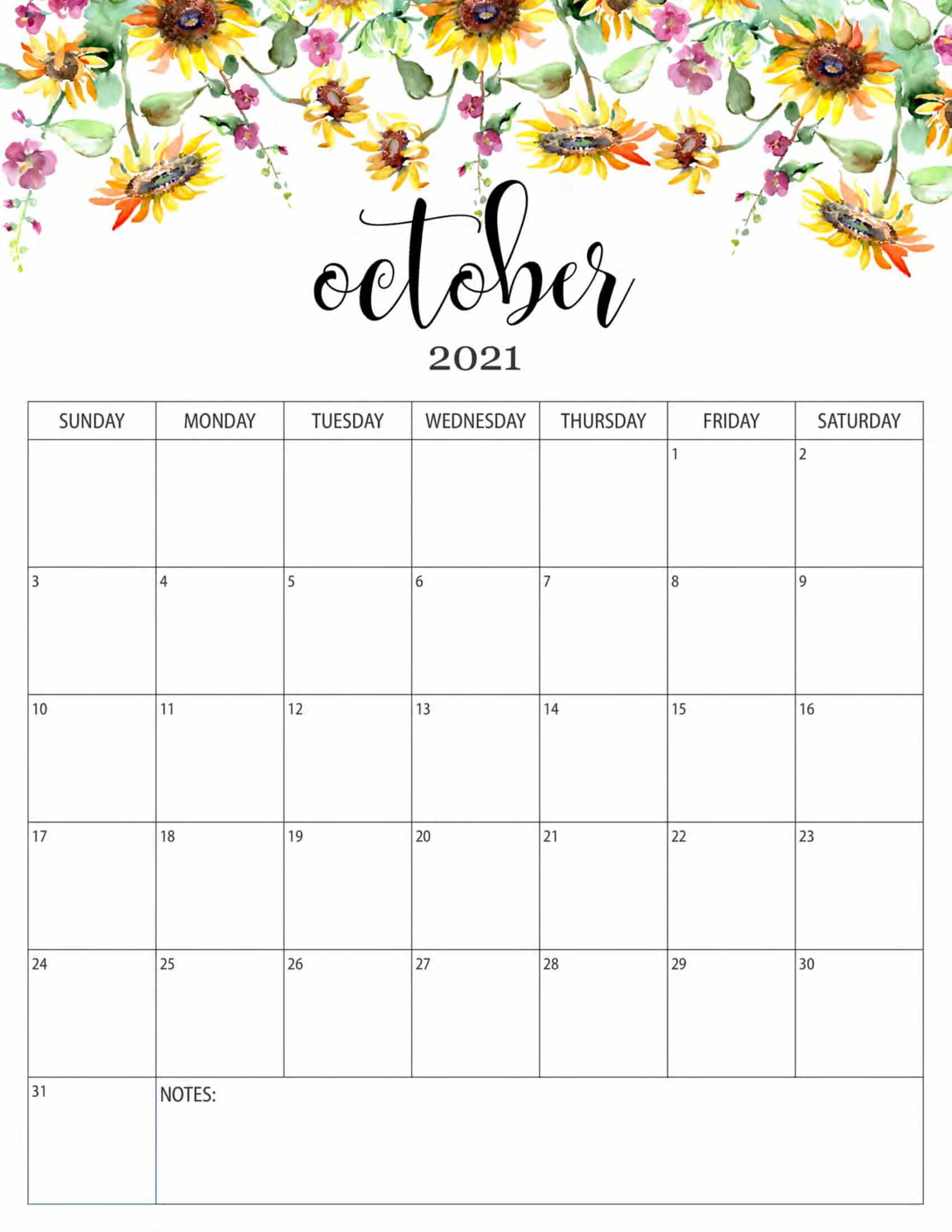 October 2021 Calendar Floral