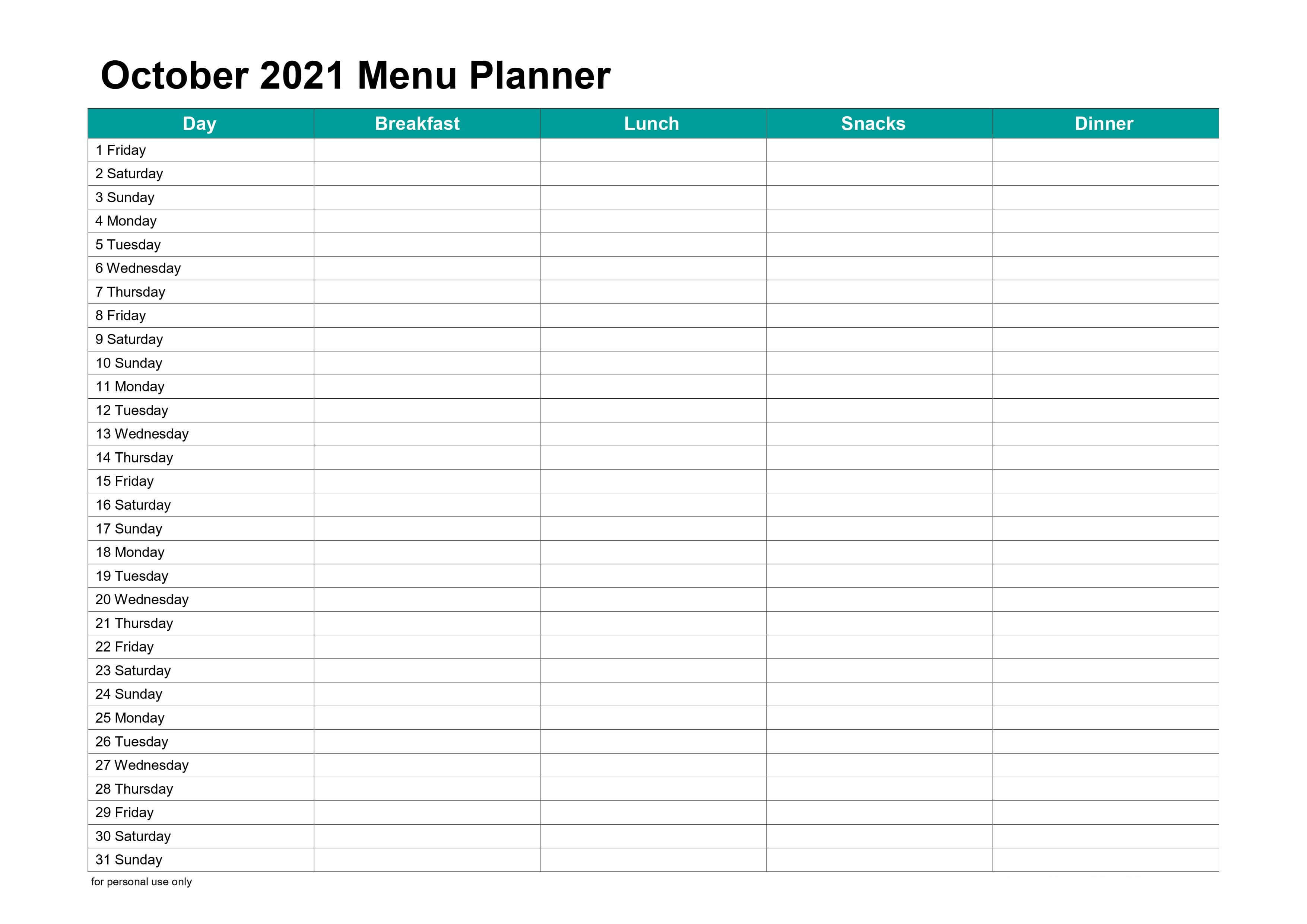 October 2021 Menu Planner
