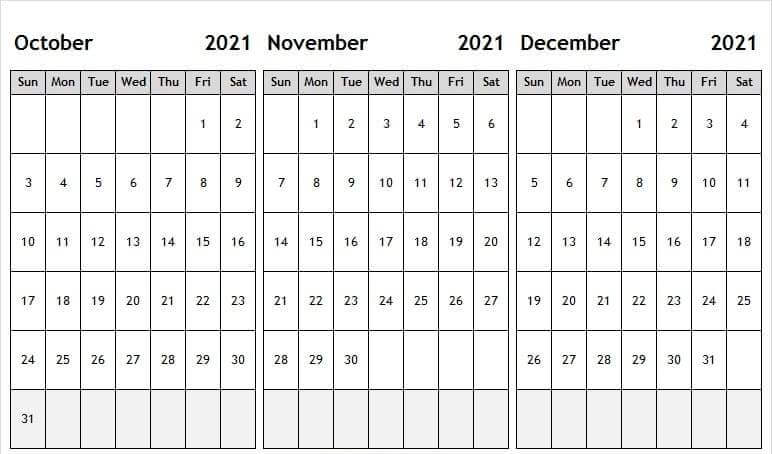 October November December 2021 Calendar