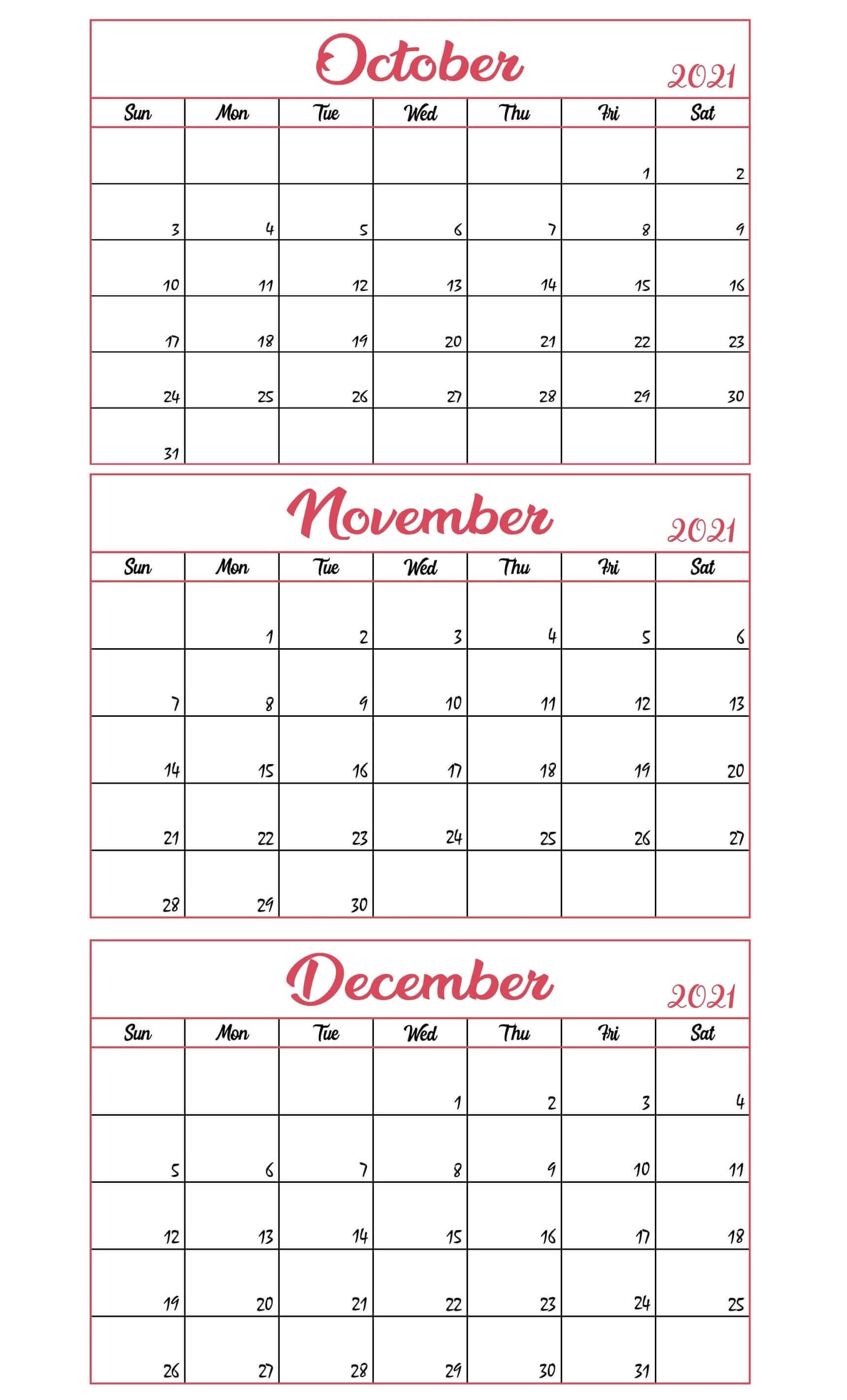 October To December 2021 Calendar Blank