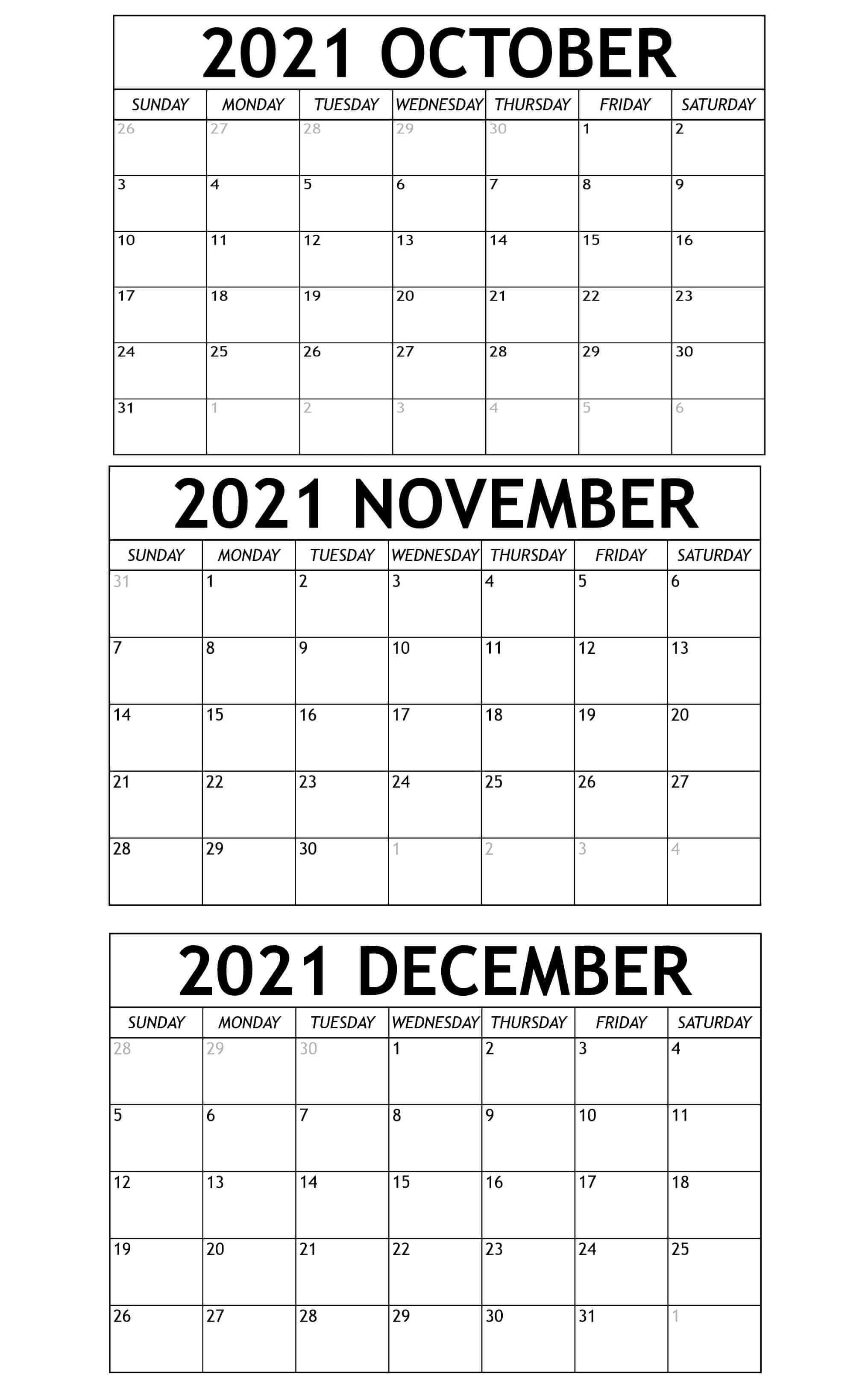 October To December 2021 Calendar Template