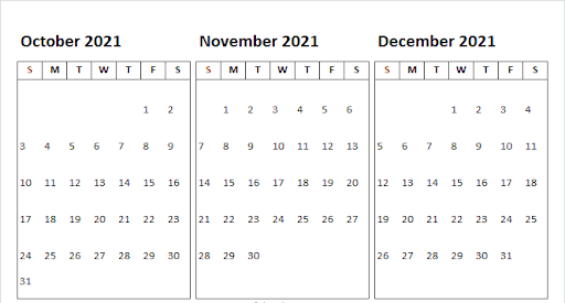 October november December 2021 Calendar