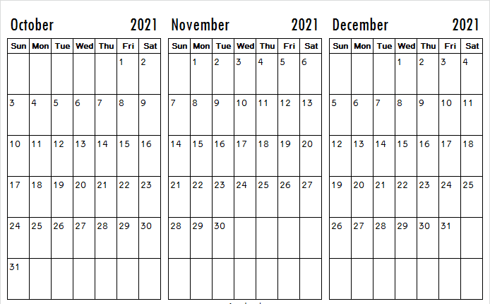 October to December 2021 Calendar Editable