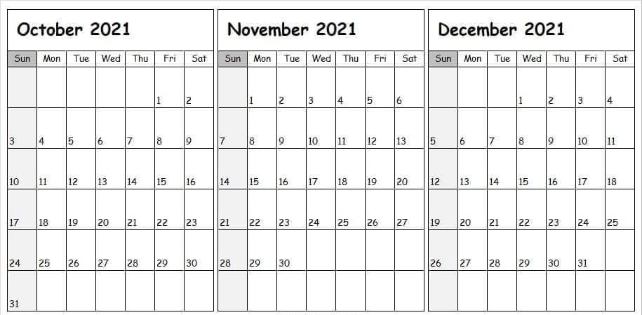 October to December 2021 Calendar Excel