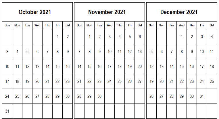 Printable October to December 2021 Calendar