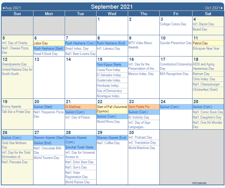 Printable September 2021 Holidays Calendar