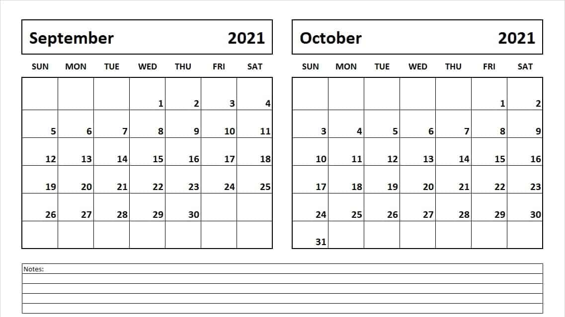 Sep Oct 2021 Calendar With Notes