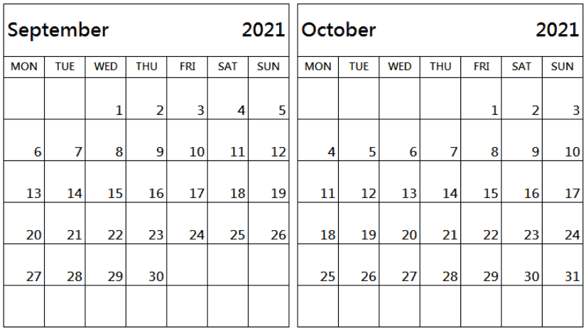 September October 2021 Calendar Editable
