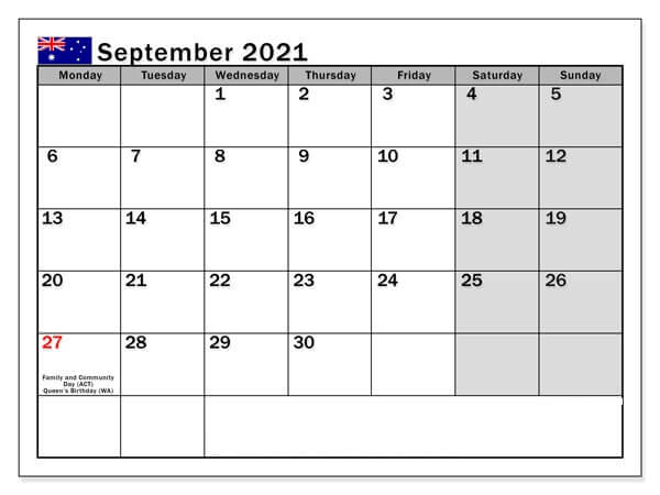 September 2021 Australia Holidays Calendar