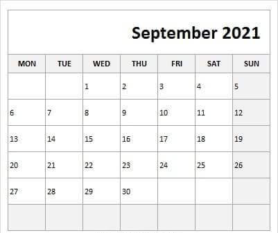 September 2021 Calendar Template