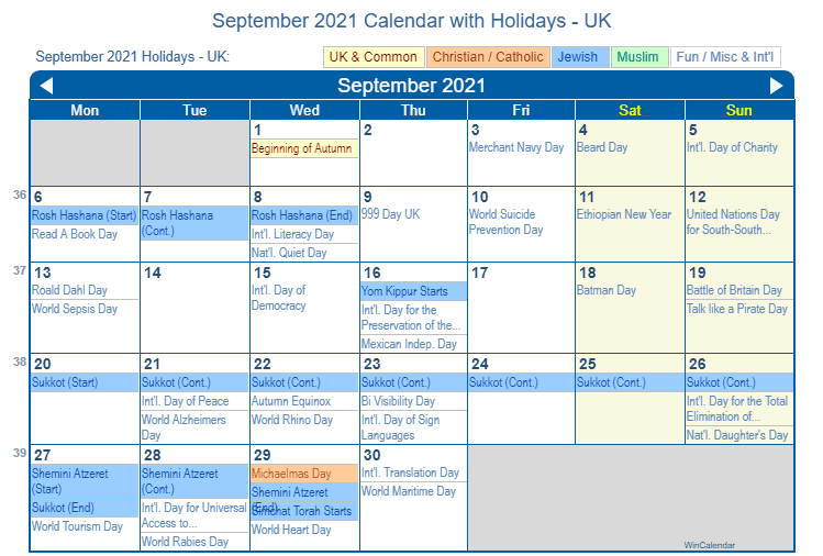 September 2021 Calendar with Holidays UK