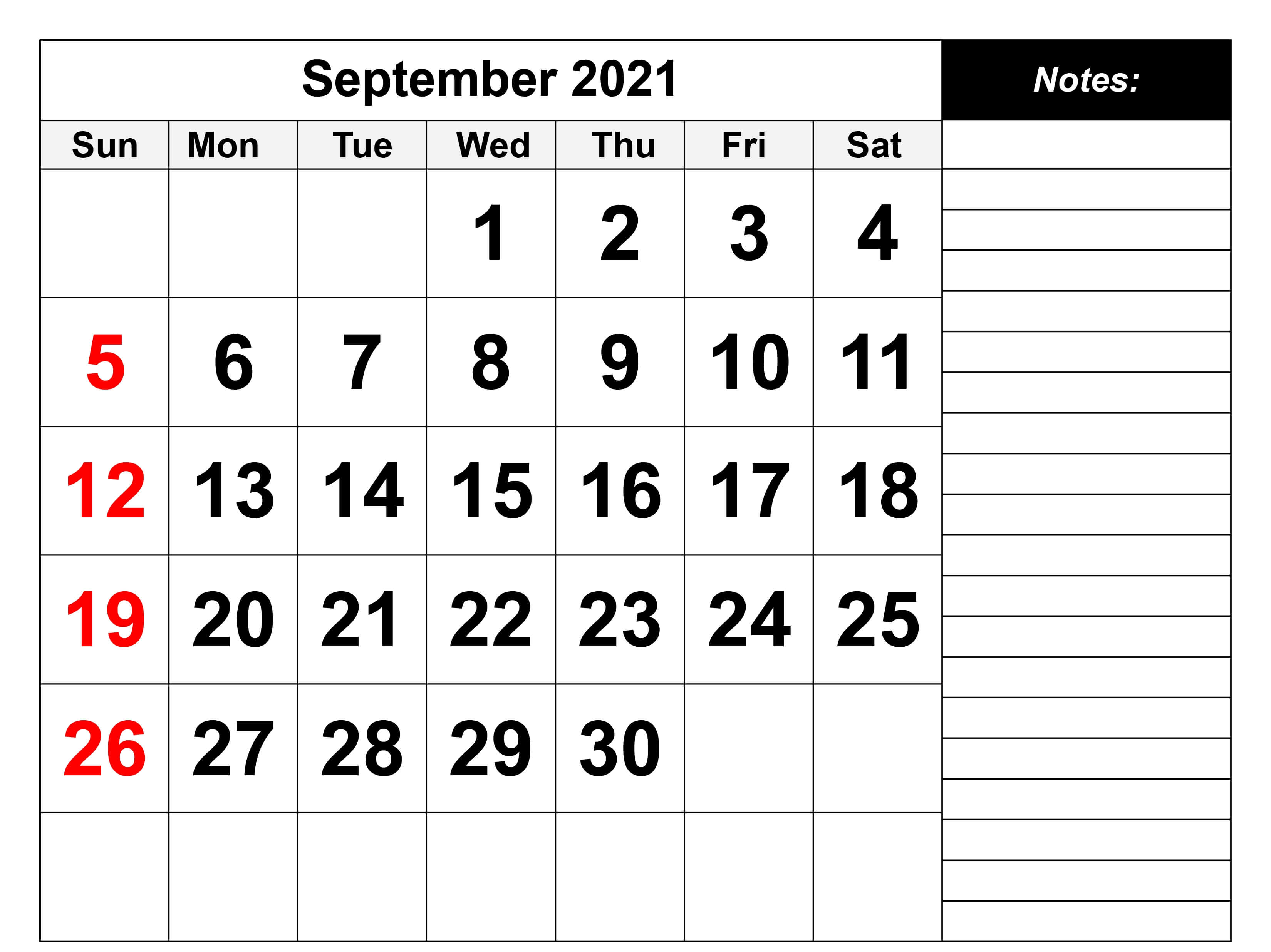 september 2021 blank calendar with notes