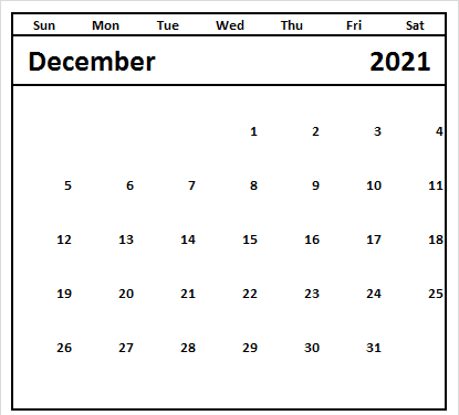 Blank Calendar December 2021 Printable