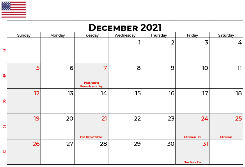 December 2021 Calendar with Holidays USA